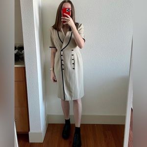 Studio I Petite Vintage Beige Blazer Dress Black Trim Double Breasted Buttons